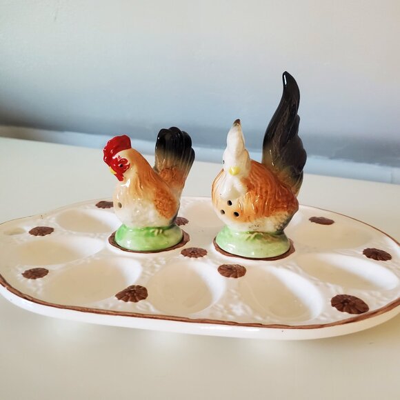 Other - Vintage Ceramic Deviled Egg Tray with Salt & Pepper Shakers
